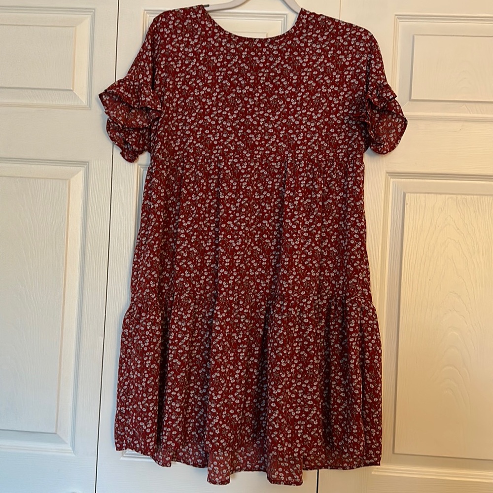 Red ruffle hem and sleeve dress